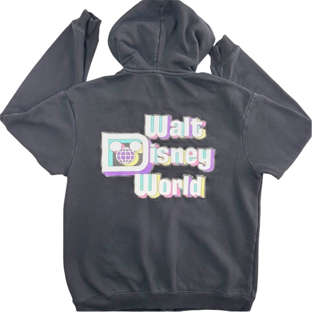 Retro Disney Black Hoodie with Pastel Disney World Patch Zip‎ Hooded Jacket (S)